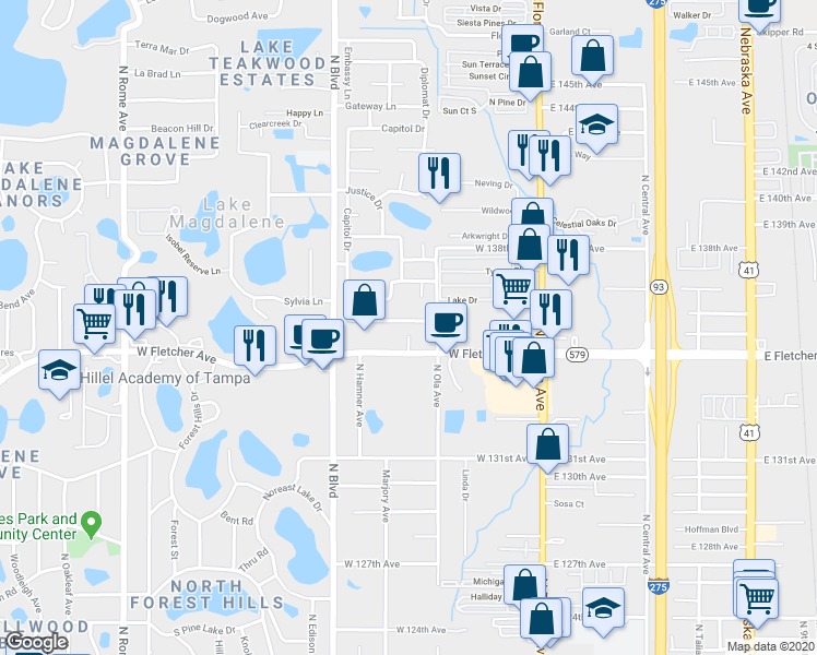 map of restaurants, bars, coffee shops, grocery stores, and more near 13510 Capitol Drive in Tampa