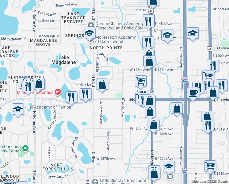 map of restaurants, bars, coffee shops, grocery stores, and more near 13510 North Ola Avenue in Tampa