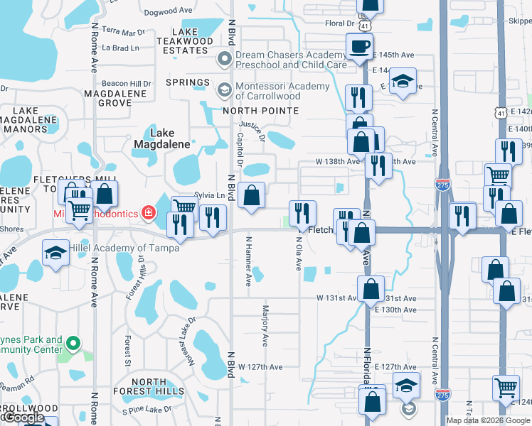 map of restaurants, bars, coffee shops, grocery stores, and more near 715 West Fletcher Avenue in Tampa