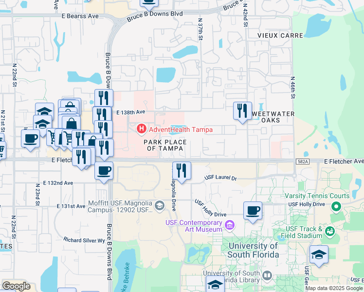 map of restaurants, bars, coffee shops, grocery stores, and more near 3450 East Fletcher Avenue in Tampa