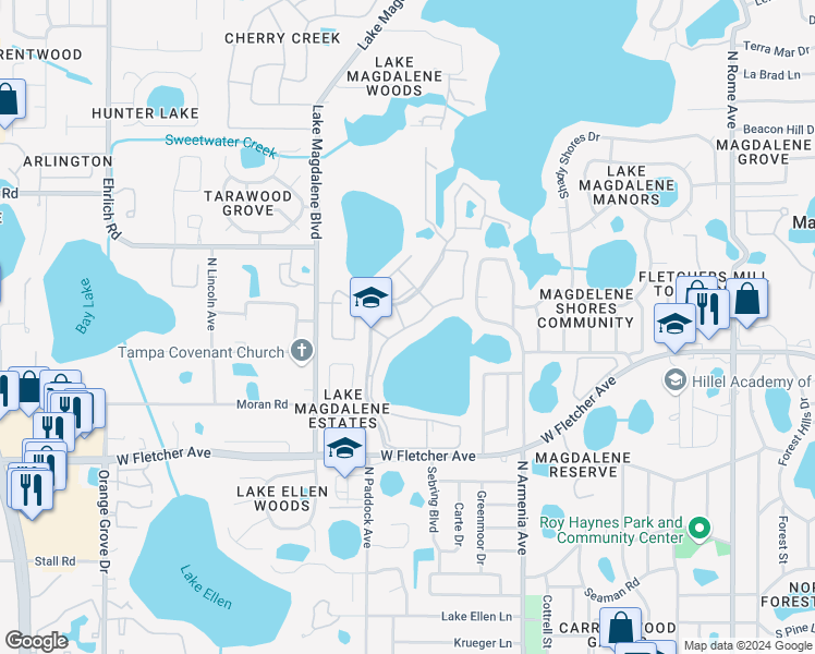 map of restaurants, bars, coffee shops, grocery stores, and more near 13449 Park Lake Drive in Tampa