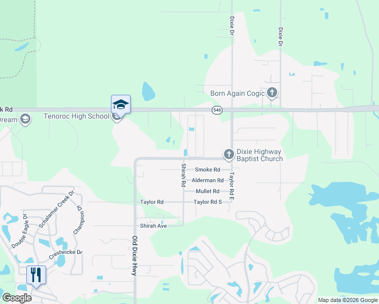 map of restaurants, bars, coffee shops, grocery stores, and more near 8 Tower Manor Drive in Auburndale