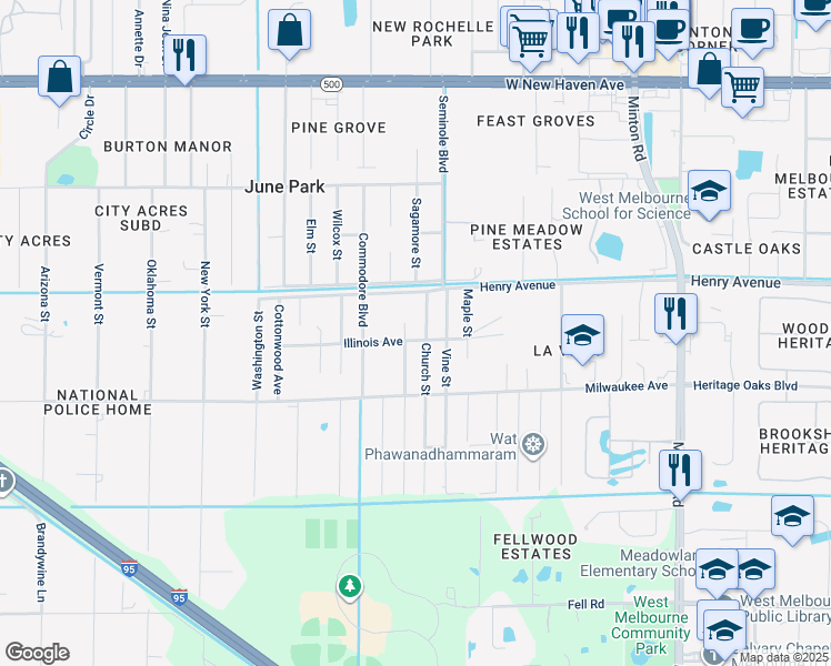 map of restaurants, bars, coffee shops, grocery stores, and more near 436 Church Street in West Melbourne