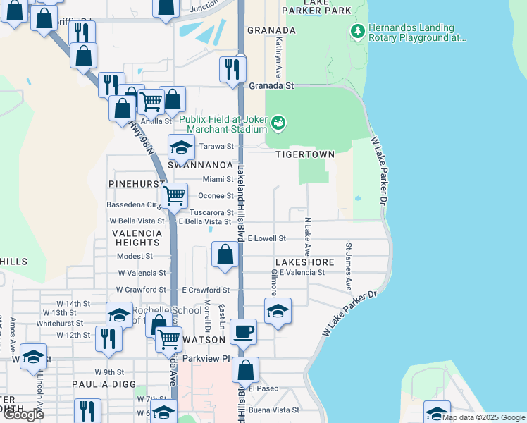 map of restaurants, bars, coffee shops, grocery stores, and more near in Lakeland