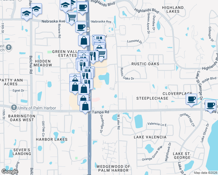 map of restaurants, bars, coffee shops, grocery stores, and more near 2690 Coral Landings Boulevard in Palm Harbor