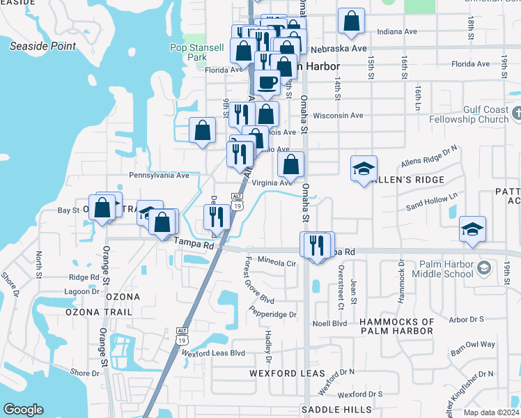 map of restaurants, bars, coffee shops, grocery stores, and more near in Palm Harbor