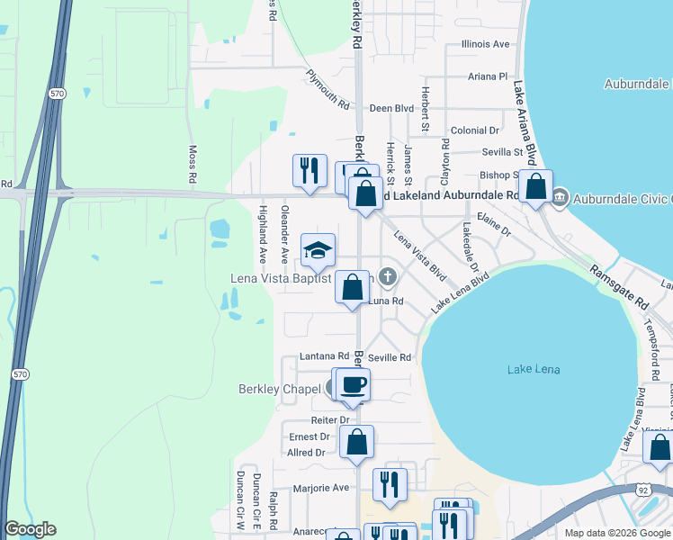 map of restaurants, bars, coffee shops, grocery stores, and more near 925 Berkley Road in Auburndale