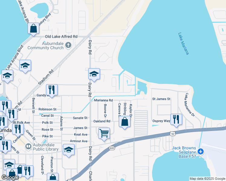 map of restaurants, bars, coffee shops, grocery stores, and more near 113 Jana Circle in Auburndale