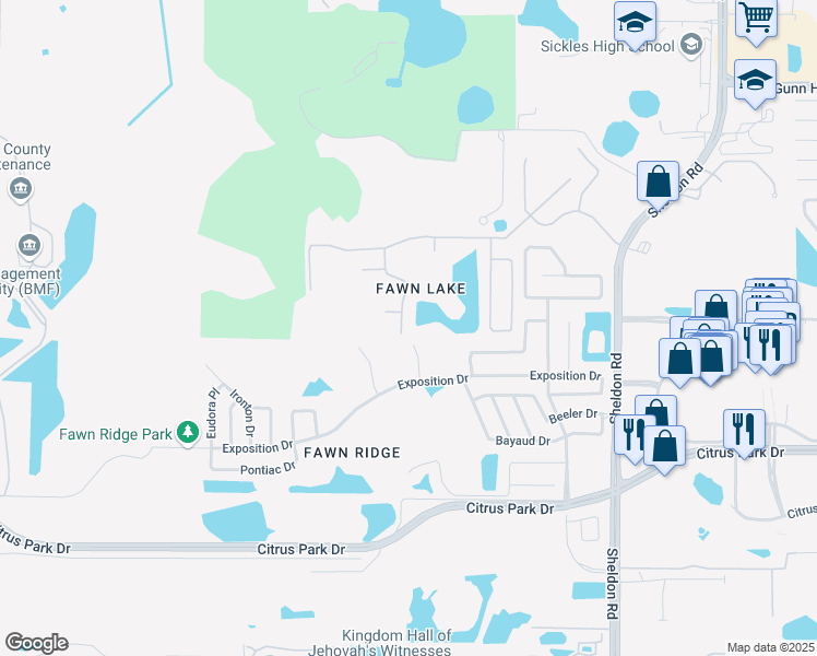map of restaurants, bars, coffee shops, grocery stores, and more near 13405 Fawn Springs Drive in Tampa