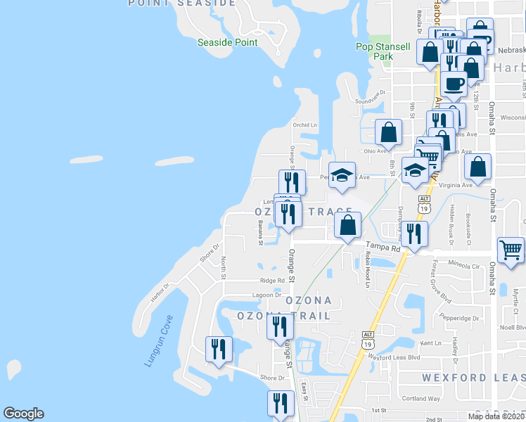 map of restaurants, bars, coffee shops, grocery stores, and more near 334 Bay Street in Palm Harbor