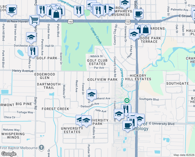 map of restaurants, bars, coffee shops, grocery stores, and more near 2507 Manorwood Drive in Melbourne