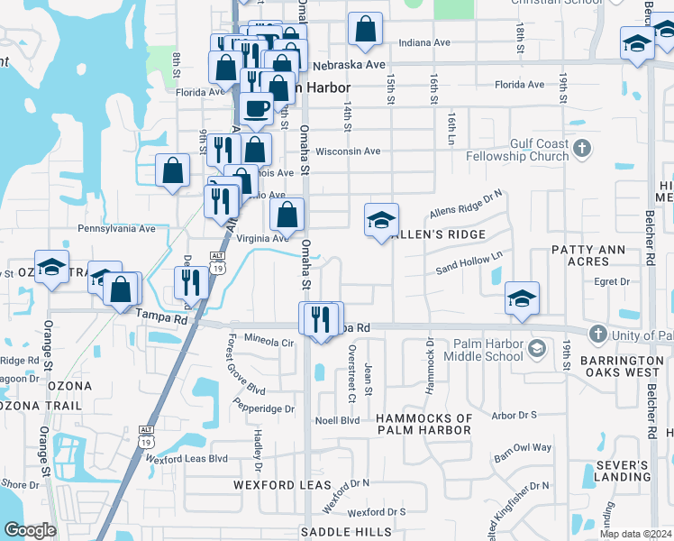 map of restaurants, bars, coffee shops, grocery stores, and more near 223 Normandy Circle East in Palm Harbor