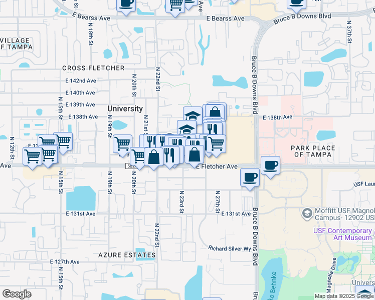 map of restaurants, bars, coffee shops, grocery stores, and more near 13609 North 22nd Street in Tampa