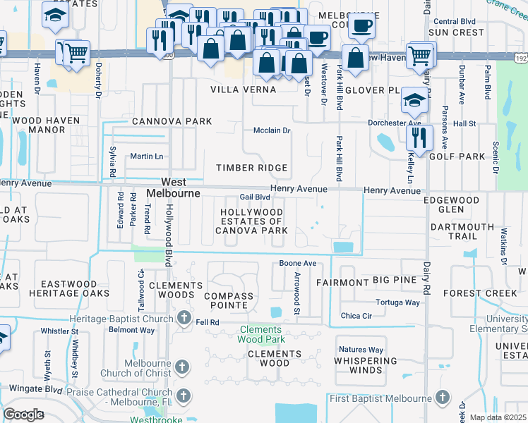 map of restaurants, bars, coffee shops, grocery stores, and more near 4201 Gail Boulevard in Melbourne