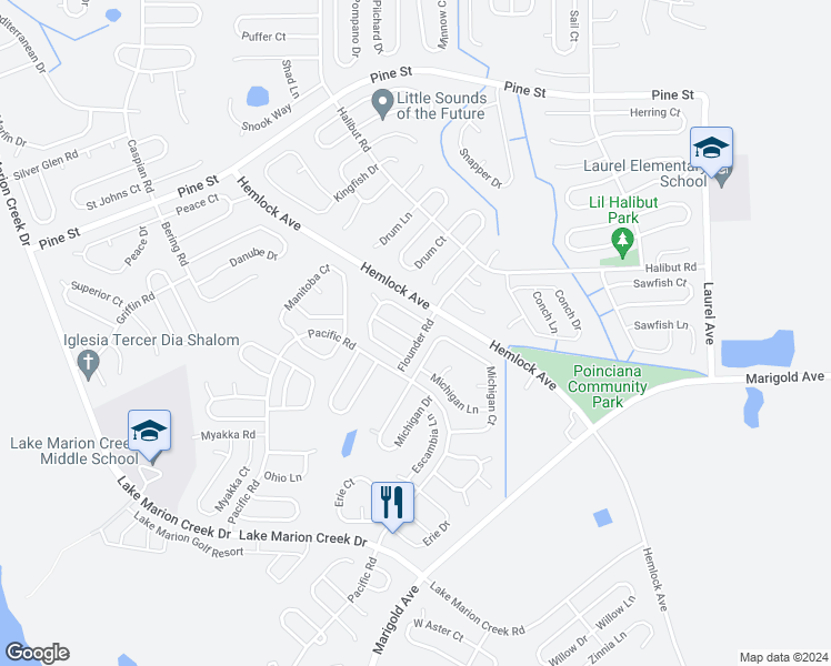 map of restaurants, bars, coffee shops, grocery stores, and more near 1901 Manatee Lane in Kissimmee