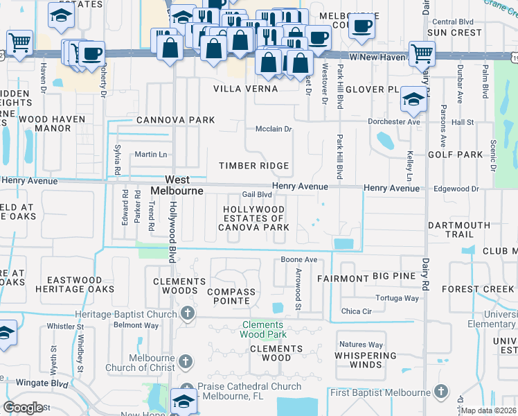 map of restaurants, bars, coffee shops, grocery stores, and more near 4401 Gail Boulevard in Melbourne