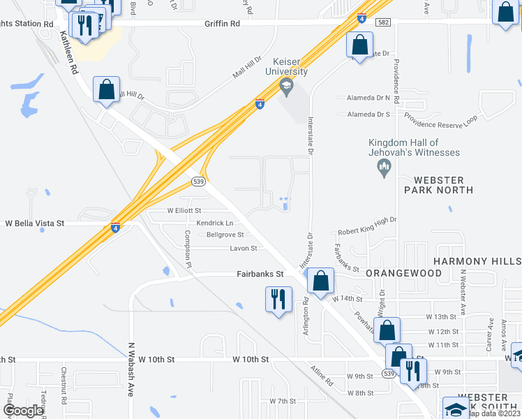 map of restaurants, bars, coffee shops, grocery stores, and more near 1500 West Bella Vista Street in Lakeland