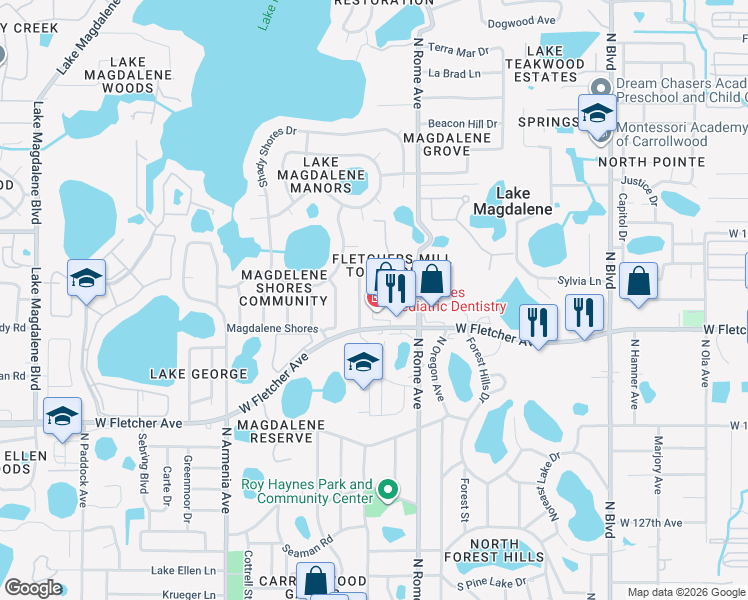 map of restaurants, bars, coffee shops, grocery stores, and more near 1801 Mill Run Circle in Tampa