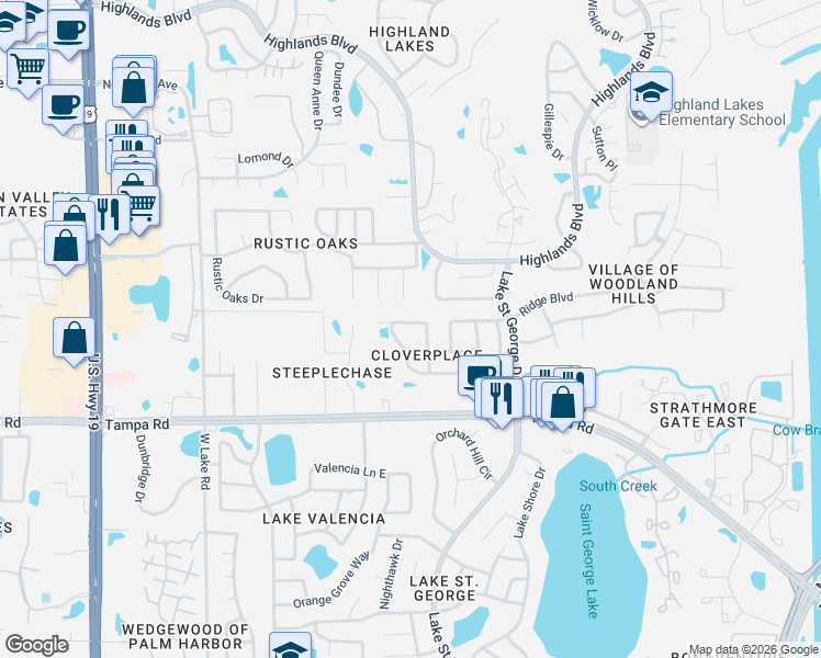 map of restaurants, bars, coffee shops, grocery stores, and more near 3174 Phlox Drive in Palm Harbor