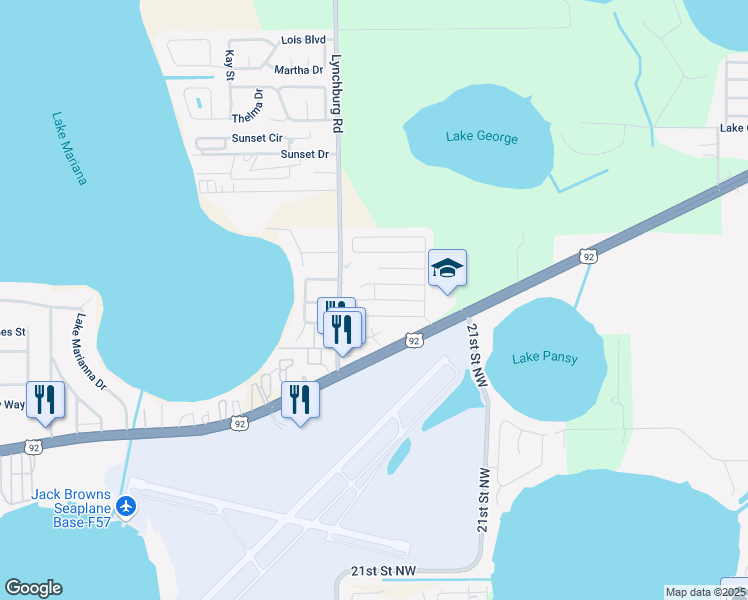 map of restaurants, bars, coffee shops, grocery stores, and more near 198 Winterdale Drive in Lake Alfred