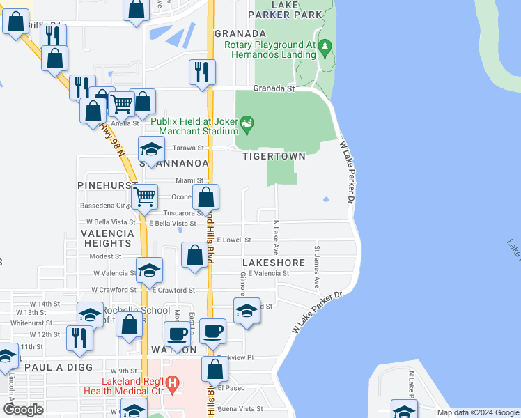 map of restaurants, bars, coffee shops, grocery stores, and more near 700 Rebecca Street in Lakeland