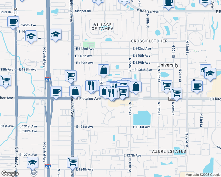 map of restaurants, bars, coffee shops, grocery stores, and more near 1302 East 137th Avenue in Tampa