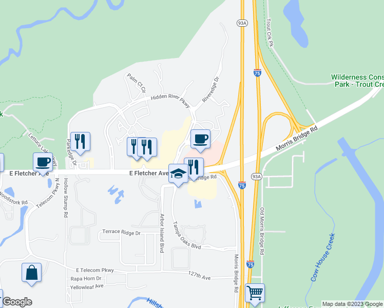 map of restaurants, bars, coffee shops, grocery stores, and more near 13599 Lake Terrace Lane in Tampa