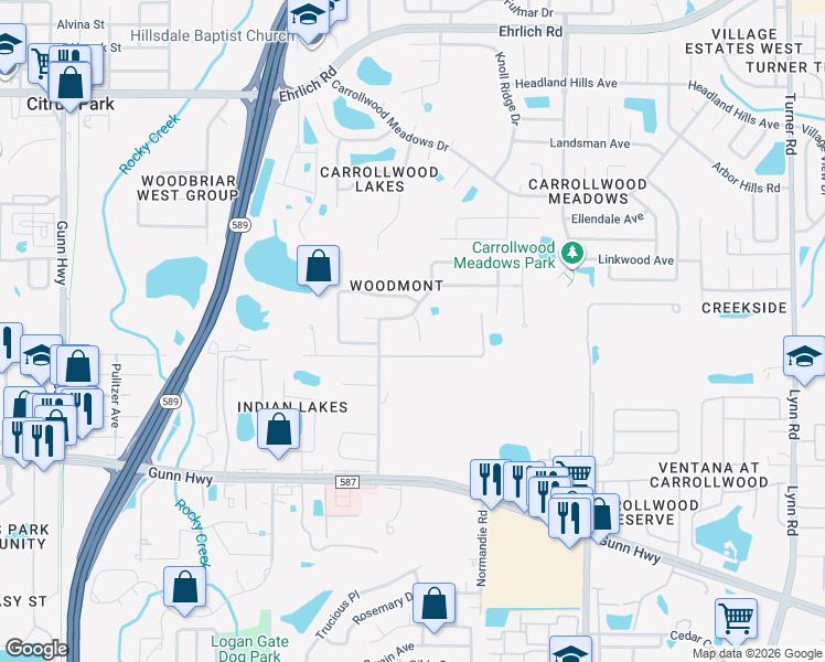 map of restaurants, bars, coffee shops, grocery stores, and more near 13708 Whitebark Place in Tampa