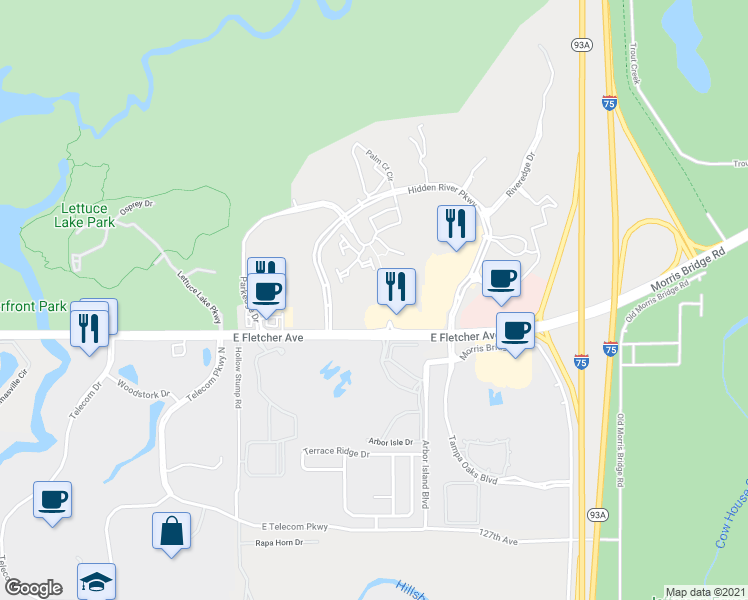 map of restaurants, bars, coffee shops, grocery stores, and more near 13560 Cypress Glen Lane in Tampa