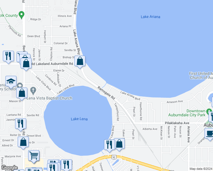 map of restaurants, bars, coffee shops, grocery stores, and more near 2258 Ariana Boulevard in Auburndale