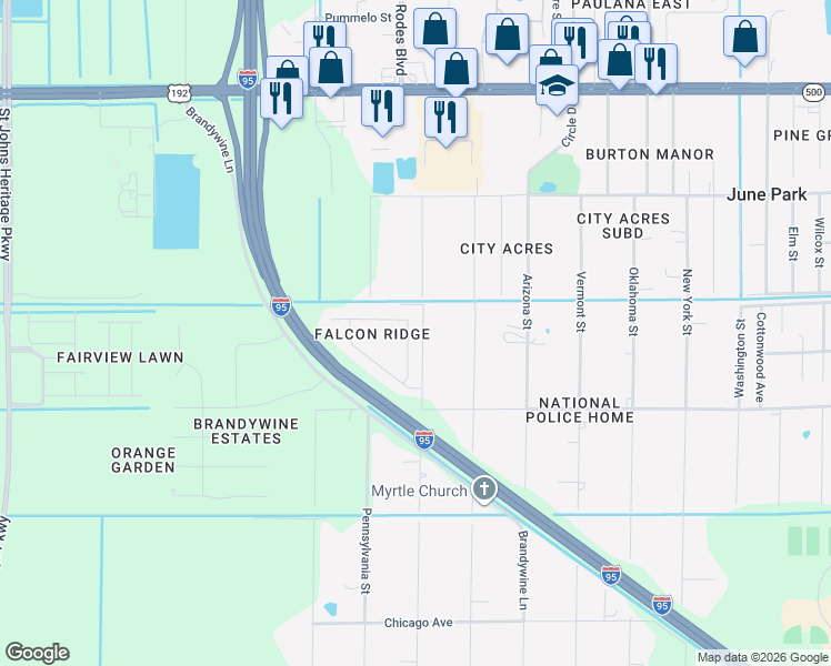 map of restaurants, bars, coffee shops, grocery stores, and more near 2304 Merlin Drive in Melbourne