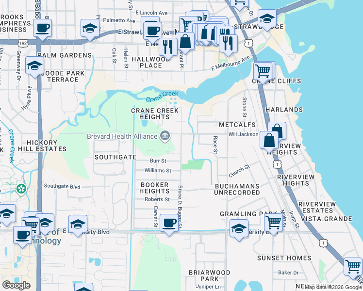 map of restaurants, bars, coffee shops, grocery stores, and more near 2511 South Grant Street in Melbourne