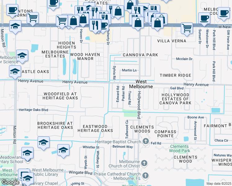 map of restaurants, bars, coffee shops, grocery stores, and more near 535 Edward Road in Melbourne