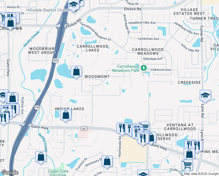 map of restaurants, bars, coffee shops, grocery stores, and more near 13711 Whitebark Place in Tampa