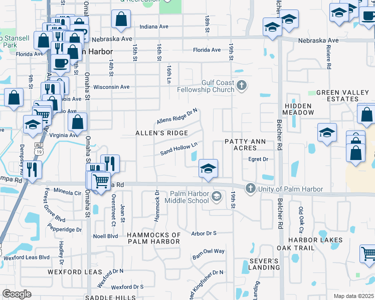 map of restaurants, bars, coffee shops, grocery stores, and more near 1731 Sand Hollow Lane in Palm Harbor
