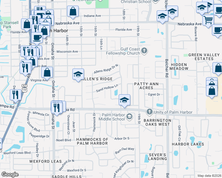 map of restaurants, bars, coffee shops, grocery stores, and more near 1731 Sand Hollow Lane in Palm Harbor