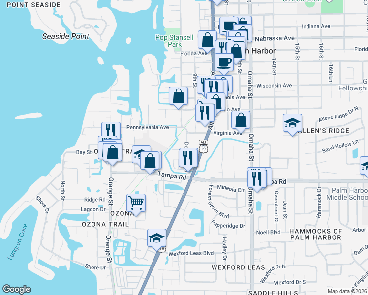 map of restaurants, bars, coffee shops, grocery stores, and more near 411 Dempsey Road in Palm Harbor