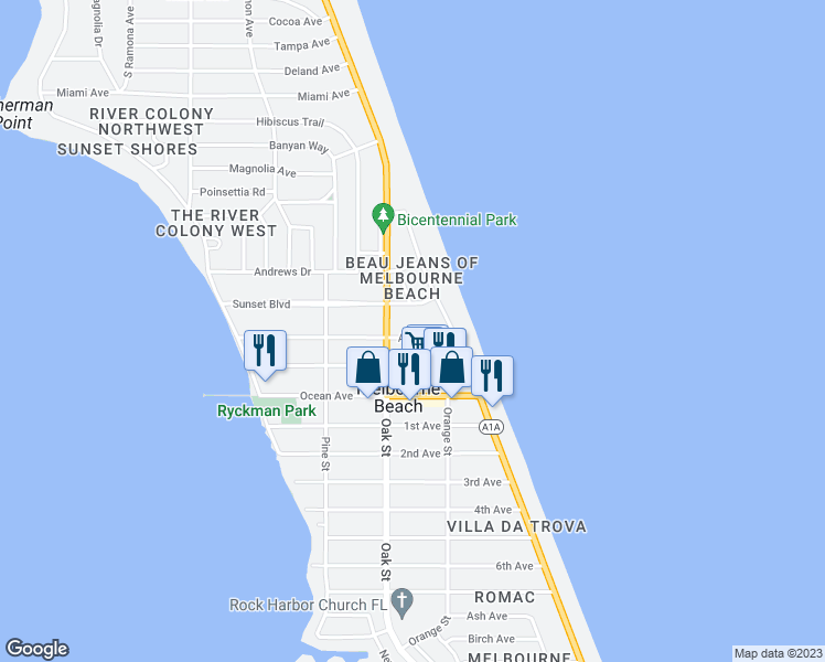 map of restaurants, bars, coffee shops, grocery stores, and more near 318 Avenue B in Melbourne Beach