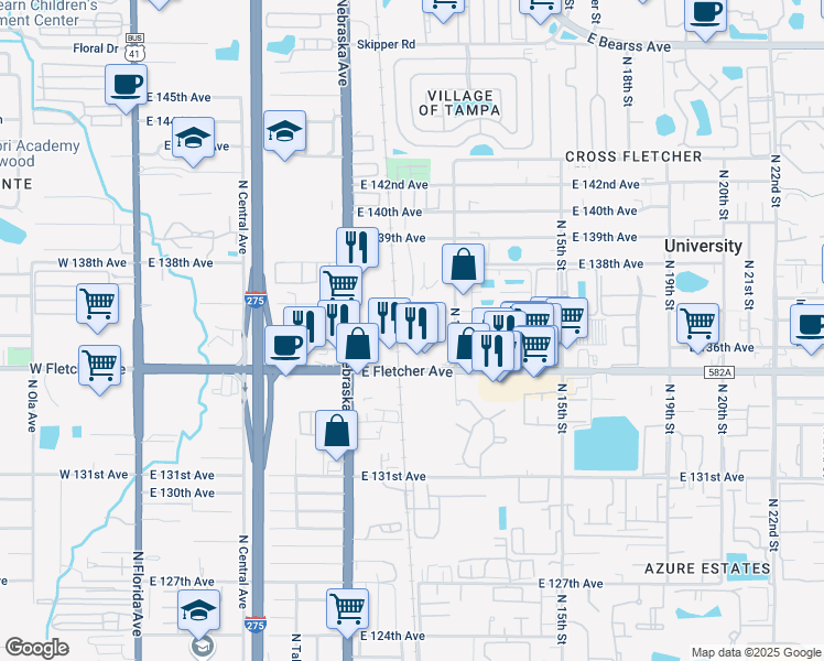 map of restaurants, bars, coffee shops, grocery stores, and more near 13650 North 12th Street in Tampa