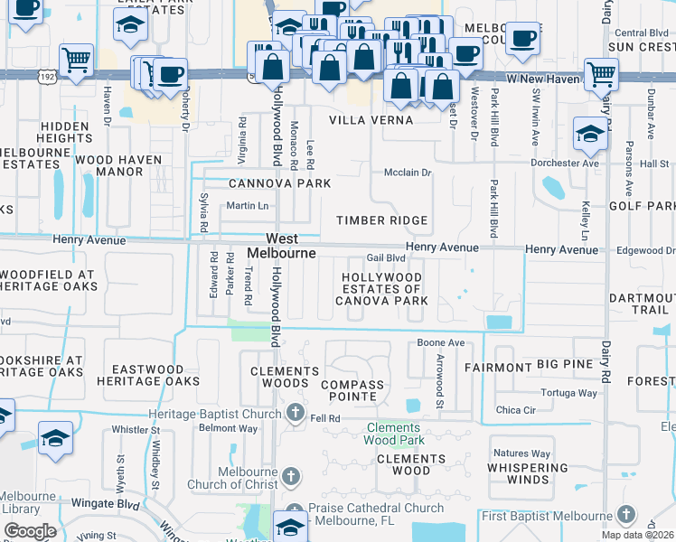 map of restaurants, bars, coffee shops, grocery stores, and more near 4603 Gail Boulevard in Melbourne