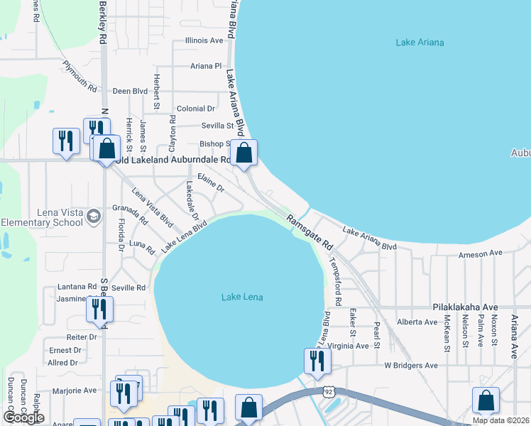 map of restaurants, bars, coffee shops, grocery stores, and more near 104 Elaine Drive in Auburndale