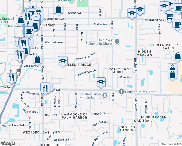 map of restaurants, bars, coffee shops, grocery stores, and more near 1731 Sand Hollow Lane in Palm Harbor