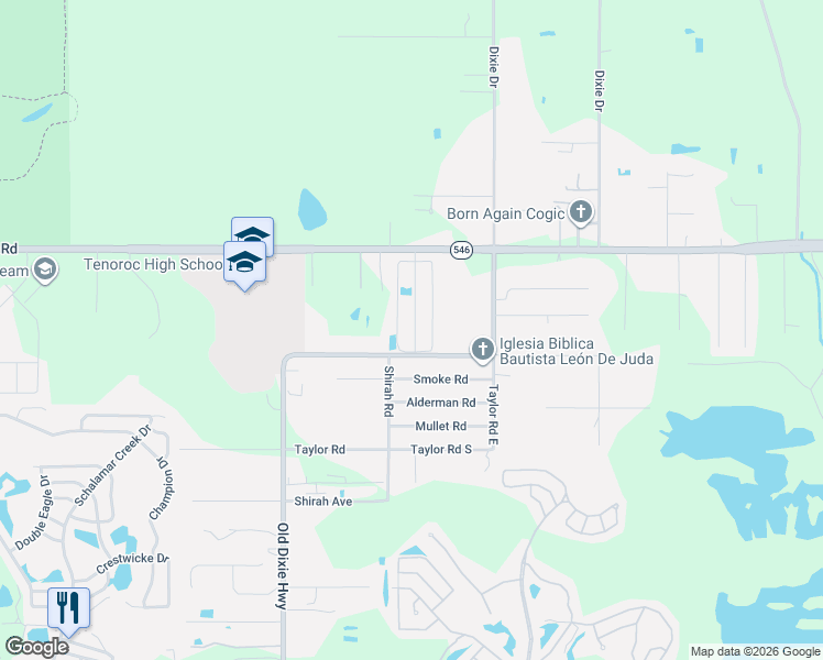 map of restaurants, bars, coffee shops, grocery stores, and more near 8 Tower Manor Drive in Auburndale