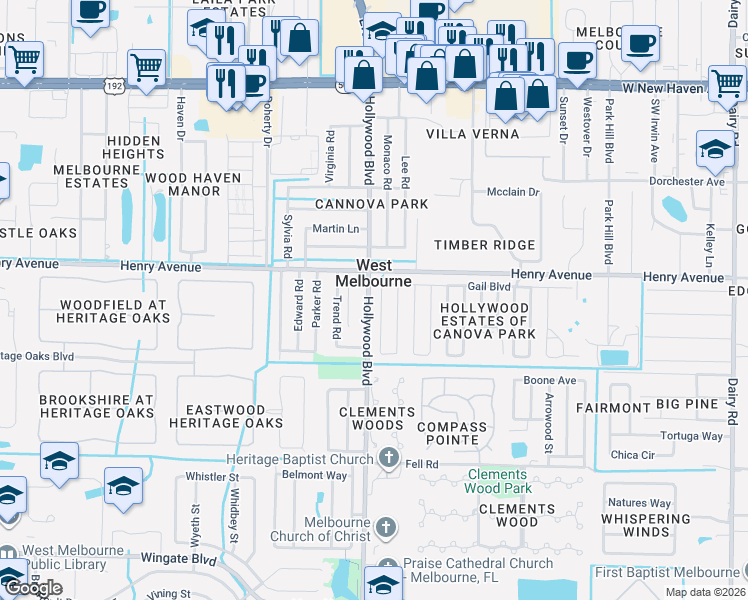 map of restaurants, bars, coffee shops, grocery stores, and more near in West Melbourne