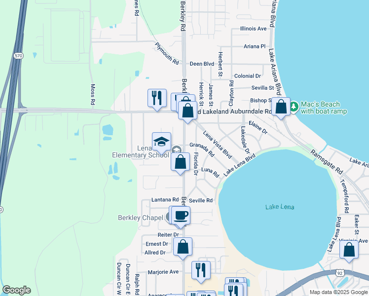 map of restaurants, bars, coffee shops, grocery stores, and more near 208 South Berkley Road in Auburndale