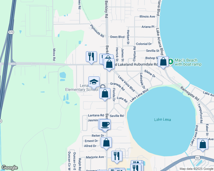 map of restaurants, bars, coffee shops, grocery stores, and more near 208 South Berkley Road in Auburndale