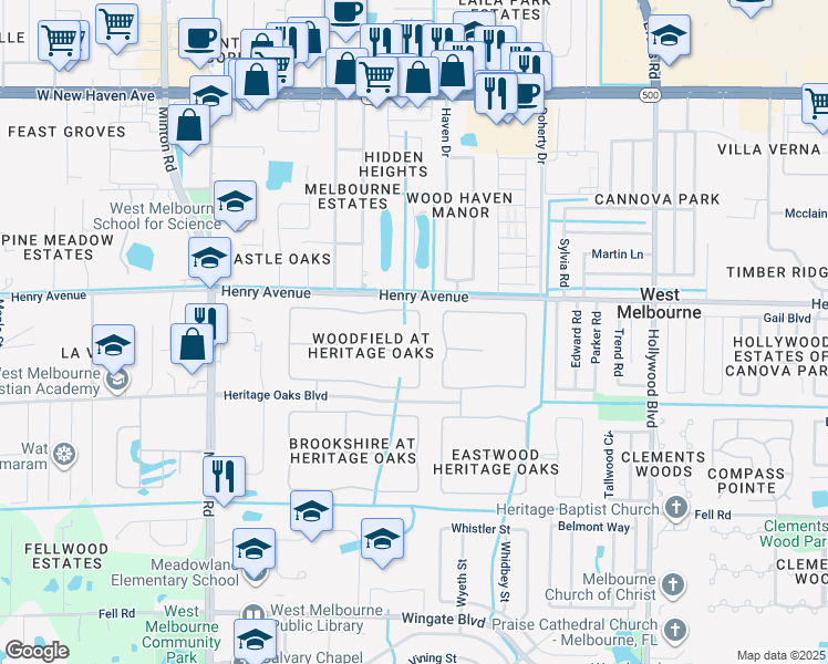 map of restaurants, bars, coffee shops, grocery stores, and more near 2302 Woodfield Circle in West Melbourne