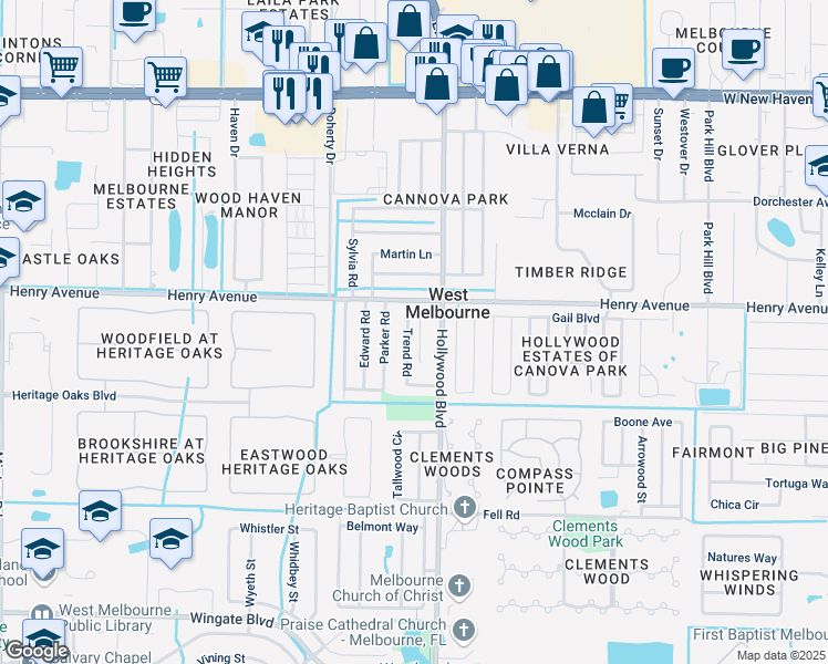 map of restaurants, bars, coffee shops, grocery stores, and more near 526 Trend Road in Melbourne