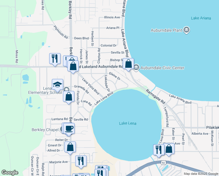 map of restaurants, bars, coffee shops, grocery stores, and more near 109 Palencia Road in Auburndale