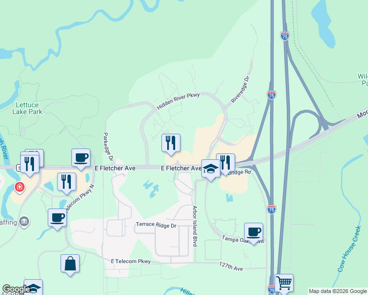 map of restaurants, bars, coffee shops, grocery stores, and more near 13564 Cypress Glen Lane in Tampa